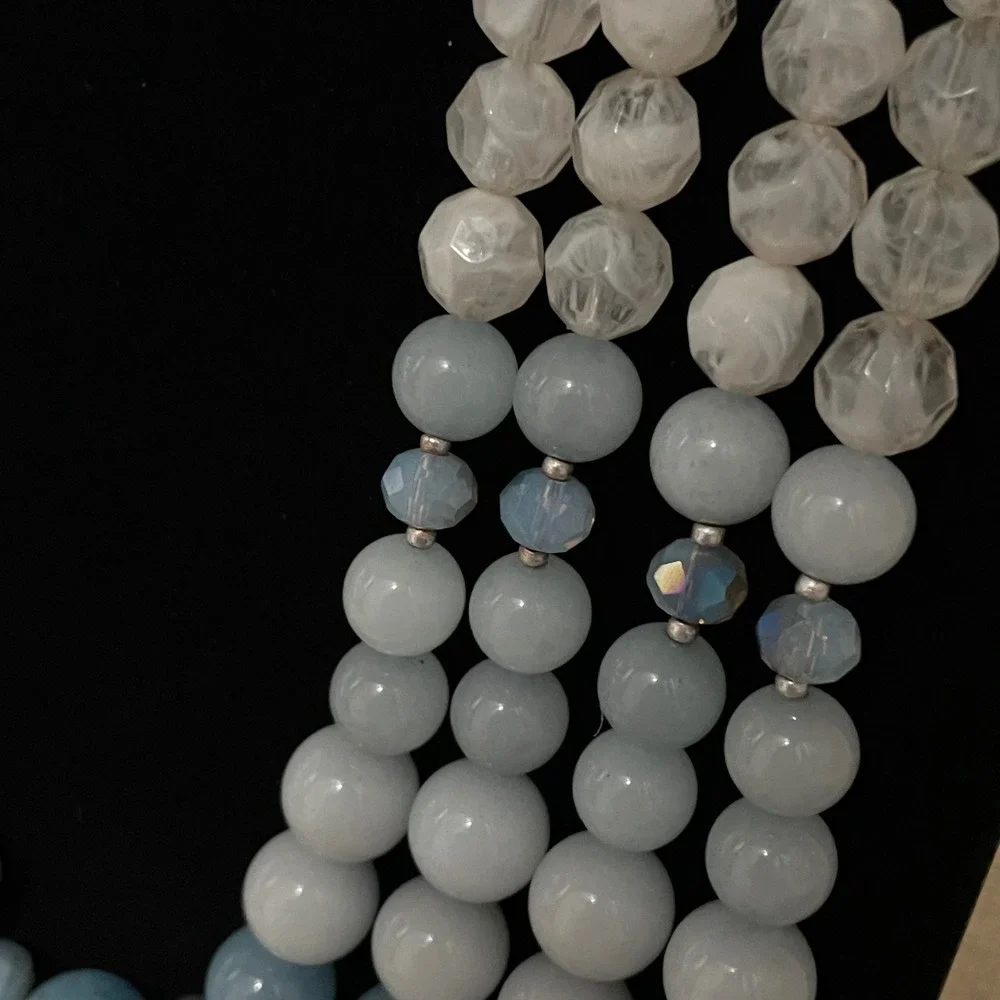 Chicos Multi Strand Beaded Necklace Blue White Faceted Accent Clasp Closure 16in